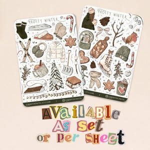 May include: Two sticker sheets featuring winter illustrations such as skis, a Christmas tree, and a snow globe. Each sheet has the text "Frosty Winter" at the top. The text "Available As Set or per Sheet" is at the bottom.