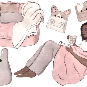 May include: A pink plush armchair with a white blanket, a person sitting on a pink blanket with a cup and a video game controller, a grey plush bunny, and two brown and white cartoon dog keychains.
