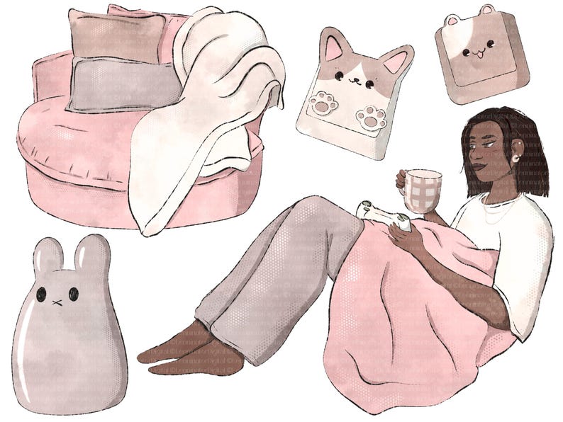 May include: A pink plush armchair with a white blanket, a person sitting on a pink blanket with a cup and a video game controller, a grey plush bunny, and two brown and white cartoon dog keychains.