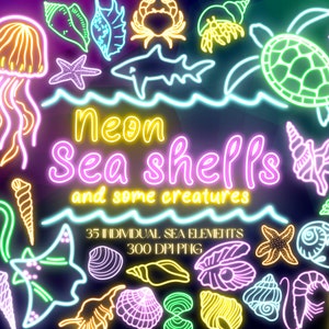 Neon Ocean Doodle Clipart - PNG Digital Download - Retro Glowing summer Beach Sticker illustration - Shell Jellyfish Turtle Manta Ray Crab