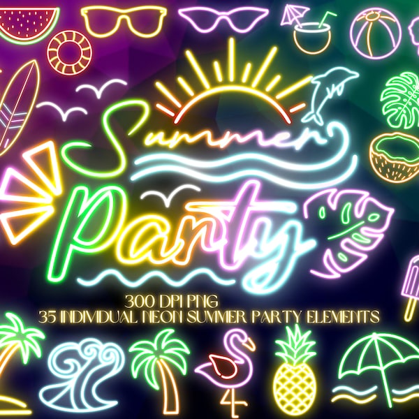 Neon Summer Tropical Party Clipart Bundle | Retro Party Digital Download | Eighties Nineties PNG | Beach Glow Icons | Cocktail Flamingo
