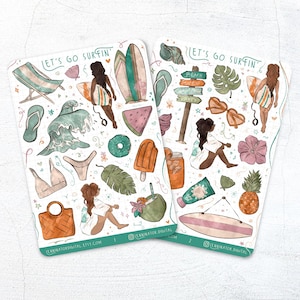 Hojas de pegatinas de surf: bonitas pegatinas de álbum de recortes de playa de verano hechas a mano, Bullet journal de viaje, planificadores de vacaciones, isla tropical, pastel