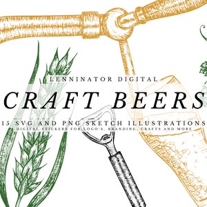 Beer SVG PNG Clipart Graphic Bundle | Hand Drawn Beer Glasses, Hops, Wheat, Barrel and Tools Illustrations | Brewery Menu Design Element