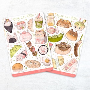 Feuilles d'autocollants de nourriture pour chats asiatiques - autocollants de scrapbooking japonais coréens mignons, Bullet Journal, agendas de voyage, nourriture de rue, chaton, kawaii