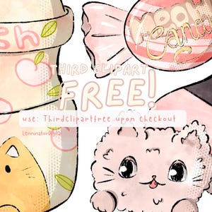 May include: A digital illustration of a peach-themed milk carton, a pink candy, a sushi roll, and a pink fluffy cat. The text "Peach" is on the milk carton and the text "Neon Candy" is on the candy. The text "Third Clipart Free! Use: Thirdclipartfree upon checkout" is below the image.
