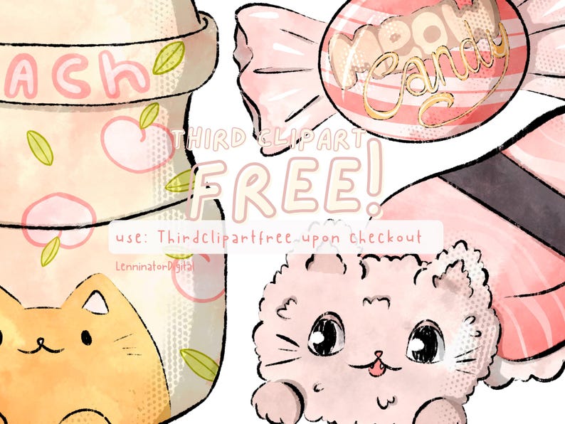 May include: A digital illustration of a peach-themed milk carton, a pink candy, a sushi roll, and a pink fluffy cat. The text "Peach" is on the milk carton and the text "Neon Candy" is on the candy. The text "Third Clipart Free! Use: Thirdclipartfree upon checkout" is below the image.