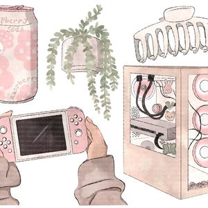 May include: A pink and white can of Raspberry Soda with 0% sugar, a pink and white Nintendo Switch, a pink and white computer tower with a clear side panel, a pink and white hair claw, and a green plant hanging from the ceiling.