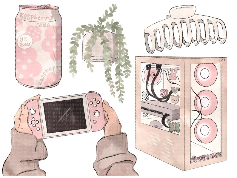 May include: A pink and white can of Raspberry Soda with 0% sugar, a pink and white Nintendo Switch, a pink and white computer tower with a clear side panel, a pink and white hair claw, and a green plant hanging from the ceiling.