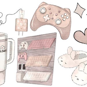 May include: A watercolour illustration of a cosy bedroom scene with a pink and white colour scheme. The illustration features a mug with the word "FLOWER" on it, a gaming controller, a shelf with three shelves, and a pair of bunny slippers.