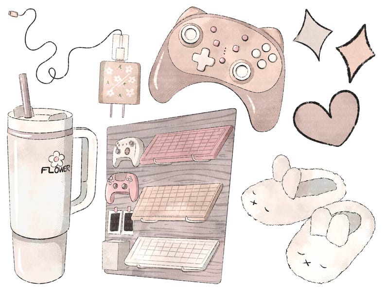 May include: A watercolour illustration of a cosy bedroom scene with a pink and white colour scheme. The illustration features a mug with the word "FLOWER" on it, a gaming controller, a shelf with three shelves, and a pair of bunny slippers.