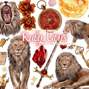 May include: Watercolor illustration featuring lions, flowers, a compass, and playing cards. The image includes a crown, a sword, and a heart with an arrow. The text "Ruby Lions" is also present.