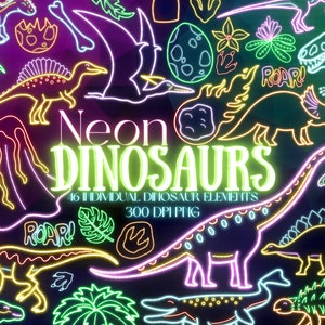 Neon Dinosaur Clipart PNG - Jurassic Dino Doodle Stickers - Glowing Cute Kids Birthday Party Illustrations - T-rex Triceratops Brontosaurus