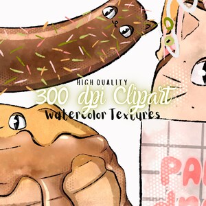 May include: A digital illustration set of watercolor textures featuring a brown and tan cat with a paw print sign that says "Paw Drop", a brown and tan donut with chocolate icing, and a brown and tan hot dog with sprinkles.