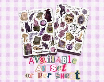 May include: Two rectangular sticker sheets titled Dark Rituals featuring various illustrations including a black cat, a skull, a frog, crystals, potion bottles, mushrooms, a book, a candle, and a mirror in shades of purple, black, and brown.