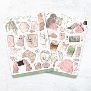 Feuilles d'autocollants pour Gamer Clean Girl - Autocollants de scrapbooking de jeu confortable faits à la main, Bullet Journal, Agenda, Joli jeu vidéo fixe, Papier mat