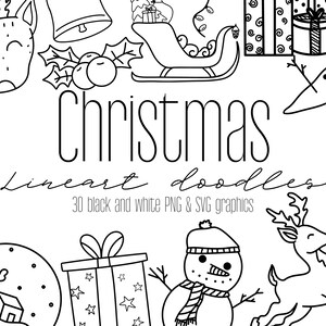 Einfache Weihnachten Winter Doodle Clipart Bundle, SVG PNG Illustration, Urlaub Umriss, Cricut geschnitten Datei, Schneemann Santa Rentier Baum Geschenk Symbol
