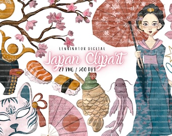 Kawaii Japanese Clipart – Watercolor Travel Stickers (PNG Digital Download)
