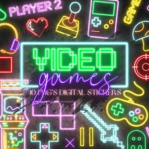 Neon Video Game Clipart Bundle | Retro Games Digital Download | Nineties video games | Pixel Icons | Arcade Joystick Console Play Pinball