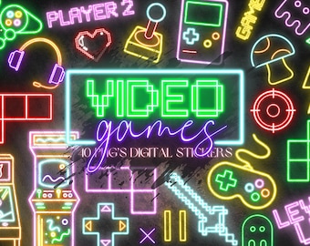Neon Video Game Clipart Bundle | Retro Games Digital Download | Nineties video games | Pixel Icons | Arcade Joystick Console Play Pinball