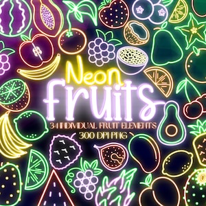 Tropical Neon Fruit Clipart Set - Exotic Hand Drawn PNG Digital Stickers - Orange - Apple - Strawberry - Blueberry - Banana - Pineapple