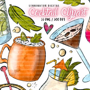 Watercolor Cocktail Clipart - Hand Drawn PNG Bar Signature Drinks Illustrations - Gin Tonic Whiskey Lime Negroni Martini Printable Stickers