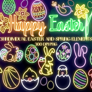 Neon Easter Spring Clipart Bundle | Retro Stickers Digital Download | Nineties Eighties | Easter Eggs Bunny Daffodil Bird | Glowing Light