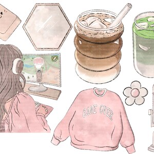 May include: A watercolour illustration of a gamer's setup, featuring a pink jumper with the text "GAME OVER", a microphone, a cup of iced coffee, a cup of matcha, a mirror, a cartoon bread character, and a woman wearing headphones and playing a video game.