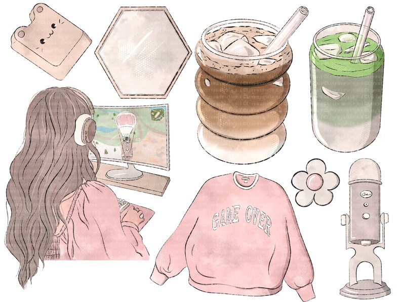 May include: A watercolour illustration of a gamer's setup, featuring a pink jumper with the text "GAME OVER", a microphone, a cup of iced coffee, a cup of matcha, a mirror, a cartoon bread character, and a woman wearing headphones and playing a video game.