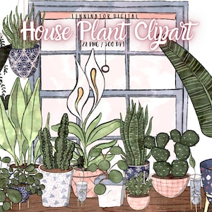 Imágenes prediseñadas de plantas de interior en acuarela: ilustraciones botánicas en calcomanías digitales dibujadas a mano en PNG: lindas plantas en macetas de interior: descarga digital