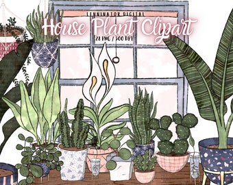 Watercolor House Plant Clipart: Hand-Drawn Botanical PNG Stickers (Digital Download)