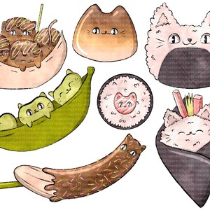 May include: A set of nine watercolor illustrations featuring cute cats in various food-themed settings. The illustrations include a cat in a bowl of takoyaki, a cat in a pea pod, a cat in a sushi roll, a cat in a banana, a cat in a rice ball, and a cat in a maki roll.