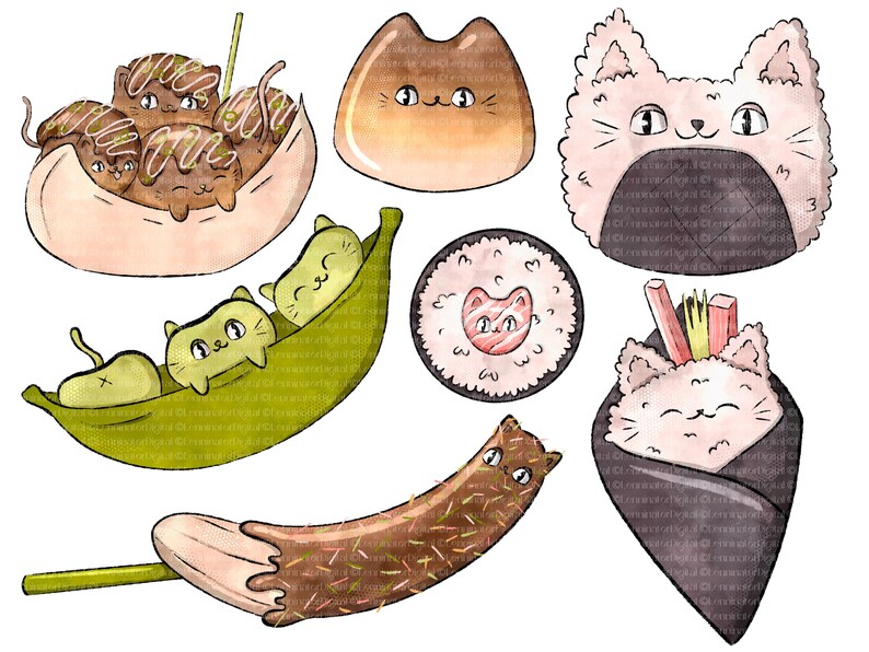 May include: A set of nine watercolor illustrations featuring cute cats in various food-themed settings. The illustrations include a cat in a bowl of takoyaki, a cat in a pea pod, a cat in a sushi roll, a cat in a banana, a cat in a rice ball, and a cat in a maki roll.