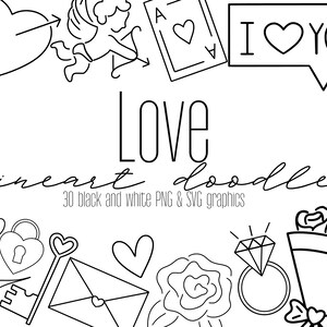 Liefde Doodles SVG PNG Clipart bundel, eenvoudige zwart-wit liefde overzicht illustraties, digitale Planner Doodles, bruiloft en Valentijnsdag