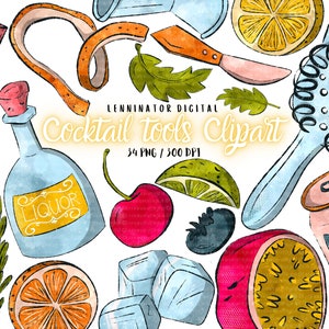 Aquarell-Cocktail-Tools Clipart PNG – handgezeichnete niedliche Ausrüstung und Zutaten – Mixology Bar-Getränkekarte – tropische Sommer-Aufkleber