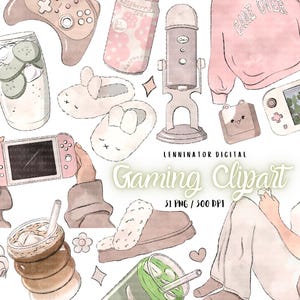Sauberes Mädchen Gaming Clipart - Handgezeichnete Digtial Aquarell PNG Mädchen Gamer Aufkleber - Gemütliche niedliche Illustrationen - Minimalistische Pastell