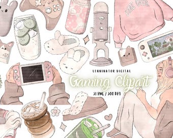 Cozy Gamer Clipart – Pastel Watercolor PNG Stickers (Digital Download, 300 DPI)