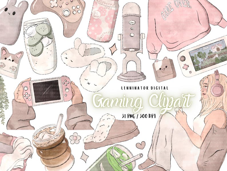 Hand drawn watercolor clipart of a cozy girl gamer aesthetic in soft pastel colors. Minimalist digital stickers featuring a clean girl gaming vibe, including cute feminine gamer illustrations for planners, scrapbooking, and digital projects.