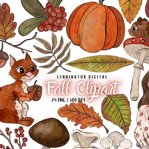 Herbst Aquarell PNG Clipart - Herbst Wald Blätter und Pilze - Digitale Aufkleber Sofortiger Download - Handgezeichnete Illustrationen zum Ausdrucken