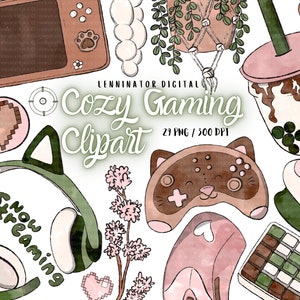 Clipart de jeu confortable aquarelle - Illustrations d'autocollant Gamer fille numérique PNG dessinés à la main - graphiques esthétiques mignons banderoles Cottagecore