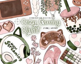 Watercolor Cozy Gaming Clipart - Hand Drawn Digital PNG Girl Gamer Sticker Illustrations - Cute Cottagecore Streamer Aesthetic Graphics