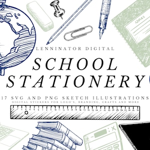 Student and Teacher Office Supply Clipart Set - Back to School Sketch Illustrations - Hand Drawn High School - Geography Math Books