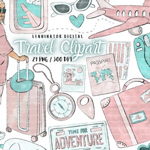 Clipart de viagem em aquarela - ilustrações desenhadas à mão PNG de férias de verão - adesivos de planejador turístico de menina da moda - download digital