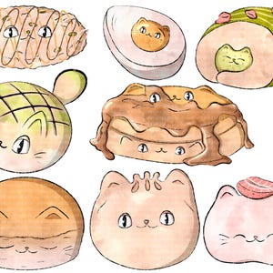 May include: Nine watercolor illustrations of various baked goods with cat faces. The goods include a melon pan, a mochi, a croissant, a pancake, a Japanese sweet bun, a rice ball, and a roll with green filling.