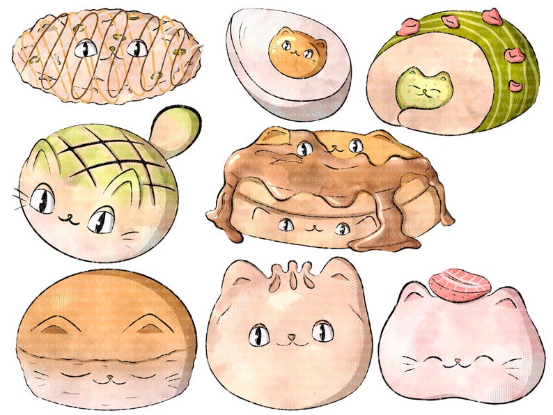 May include: Nine watercolor illustrations of various baked goods with cat faces. The goods include a melon pan, a mochi, a croissant, a pancake, a Japanese sweet bun, a rice ball, and a roll with green filling.