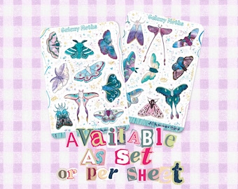 May include: Two rectangular sticker sheets titled Galaxy Moths featuring various colorful moth illustrations in shades of blue, purple, and teal with gold accents. Below the sheets, the text reads Available As Set or per Sheet.