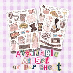 May include: Two rectangular sticker sheets titled MOVIE NIGHT featuring watercolour illustrations of film reels, popcorn, 3D glasses, teddy bears, snacks, remote controls, and people. The stickers are arranged in a grid pattern on white backing paper.
