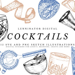 Cocktail Clipart Bundle | Hand Drawn SVG PNG Bar Drinks Illustration | Cocktail tools | Flower Gin Tonic Whiskey Lime Jigger Negroni Graphic