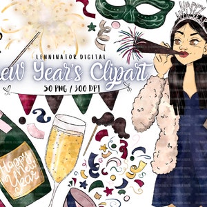 Watercolor New Years Clipart - Digital PNG NYE Invitation Planner Stickers - Party elements, champagne and fireworks - Cute Fashion Girl