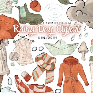 Clipart aquarelle jour de pluie - Illustrations PNG mignonnes de pluie d'automne - autocollants numériques automne confortable - bottes tricot parapluie flaque d'eau champignon