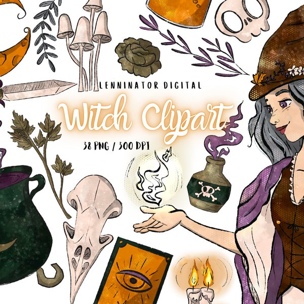 Watercolor Witch PNG Clipart Illustrations, Digital Hand Drawn Magic Fantasy Planner Stickers, Cute Goth Wicca Halloween Printable Graphics